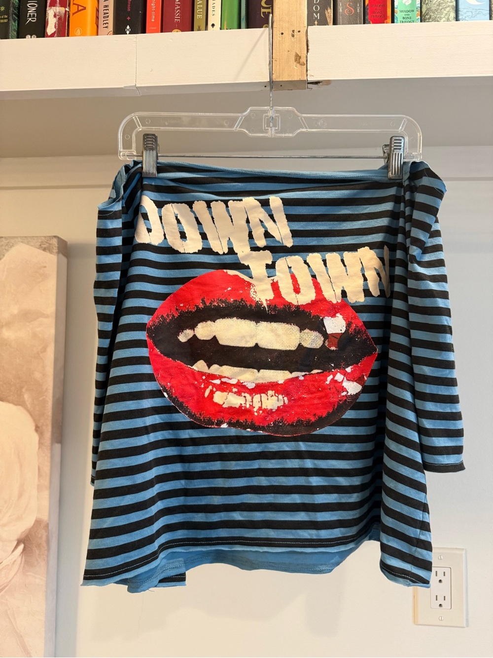 Urban Outfitters Blue and Black Striped Off-Shoulder Top with Red Lip Graphic